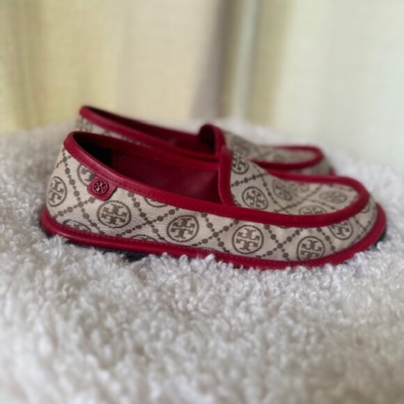 Tory Burch red leather and beige T Monogram Buddy Loafer size 9 - Picture 4 of 9